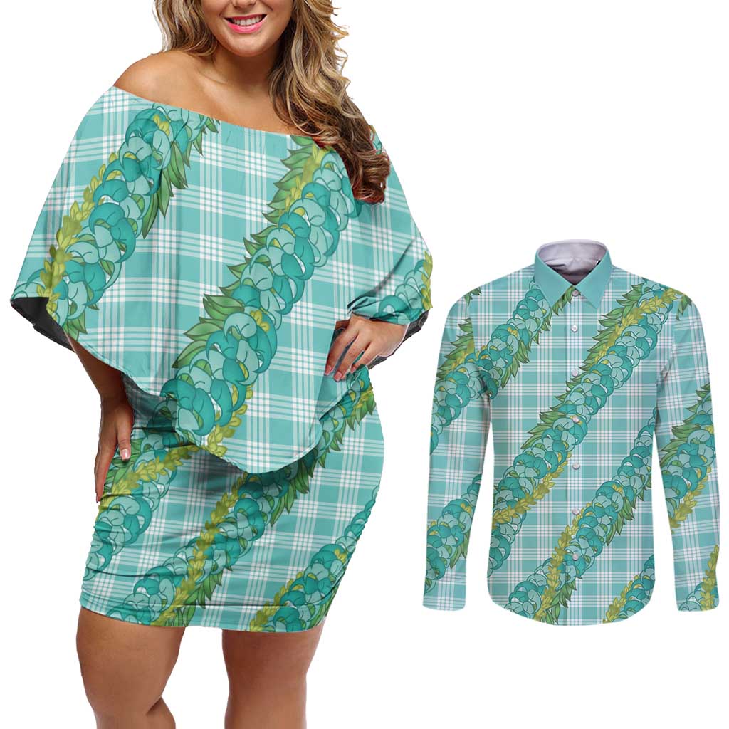 Hawaii Jade Vine Lei Couples Matching Off Shoulder Short Dress and Long Sleeve Button Shirt Aloha Palaka Motif - Turquoise - Polynesian Pride