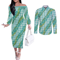 Hawaii Jade Vine Lei Couples Matching Off The Shoulder Long Sleeve Dress and Long Sleeve Button Shirt Aloha Palaka Motif - Turquoise - Polynesian Pride