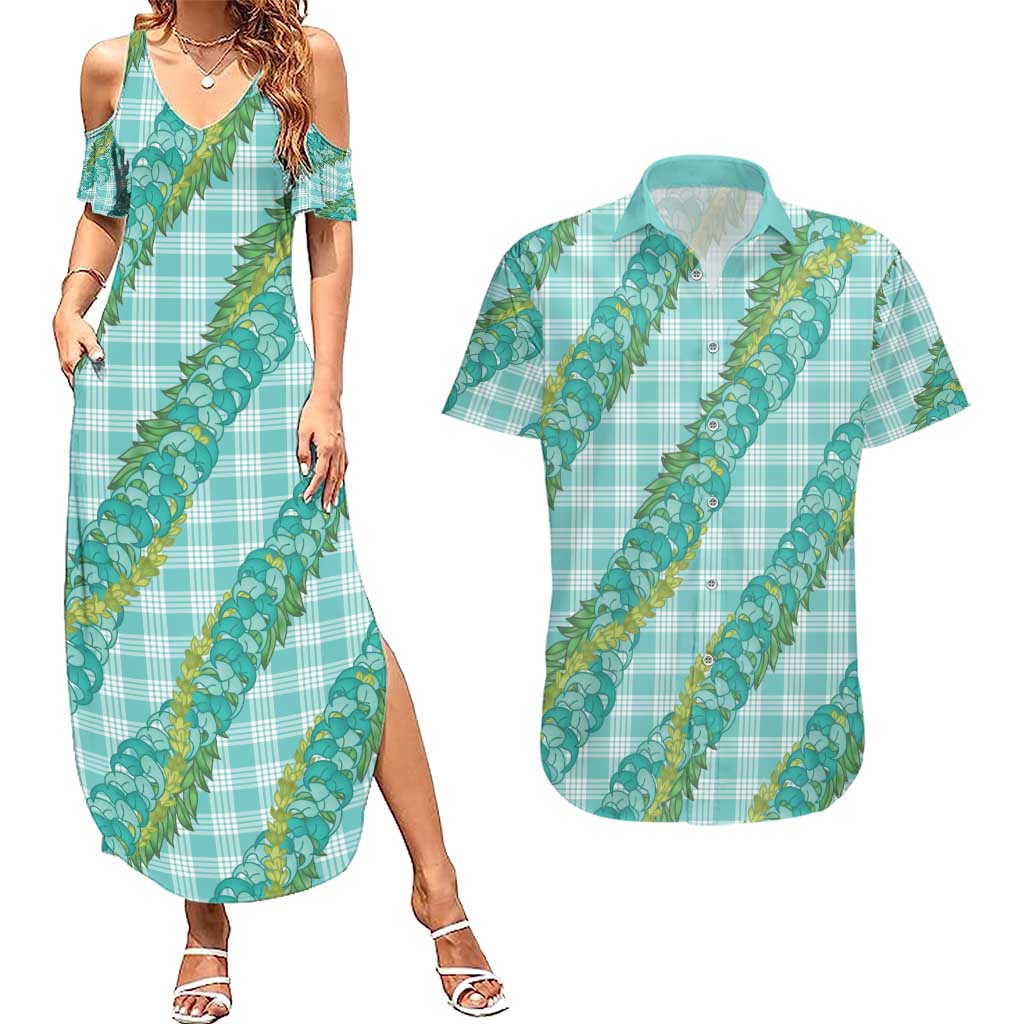 Hawaii Jade Vine Lei Couples Matching Summer Maxi Dress and Hawaiian Shirt Aloha Palaka Motif - Turquoise - Polynesian Pride