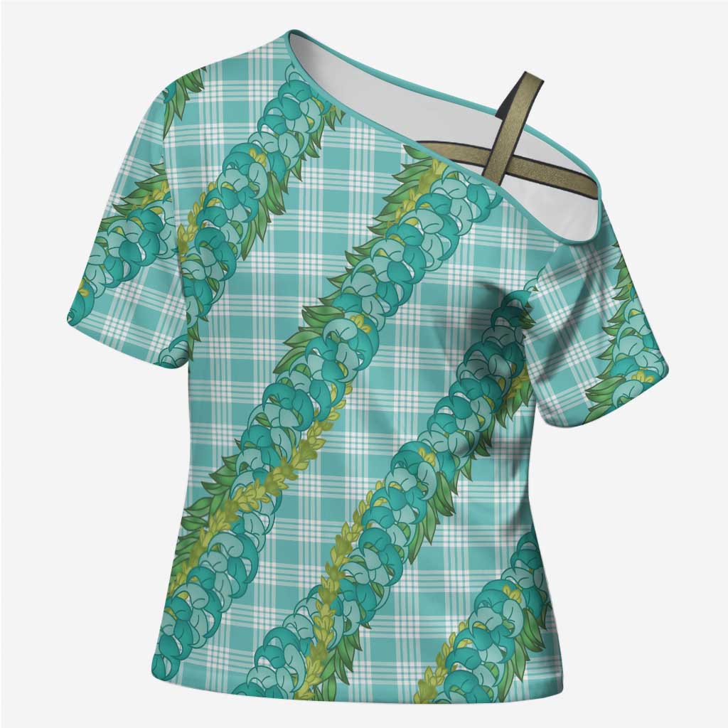 Hawaii Jade Vine Lei Cross Shoulder Shirt Aloha Palaka Motif - Turquoise - Polynesian Pride