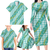 Hawaii Jade Vine Lei Family Matching Long Sleeve Bodycon Dress and Hawaiian Shirt Aloha Palaka Motif - Turquoise - Polynesian Pride