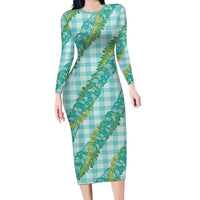 Hawaii Jade Vine Lei Family Matching Long Sleeve Bodycon Dress and Hawaiian Shirt Aloha Palaka Motif - Turquoise - Polynesian Pride