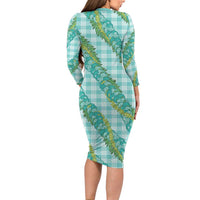 Hawaii Jade Vine Lei Family Matching Long Sleeve Bodycon Dress and Hawaiian Shirt Aloha Palaka Motif - Turquoise - Polynesian Pride