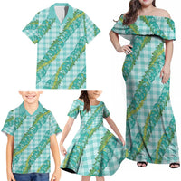 Hawaii Jade Vine Lei Family Matching Off Shoulder Maxi Dress and Hawaiian Shirt Aloha Palaka Motif - Turquoise - Polynesian Pride