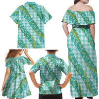 Hawaii Jade Vine Lei Family Matching Off Shoulder Maxi Dress and Hawaiian Shirt Aloha Palaka Motif - Turquoise - Polynesian Pride