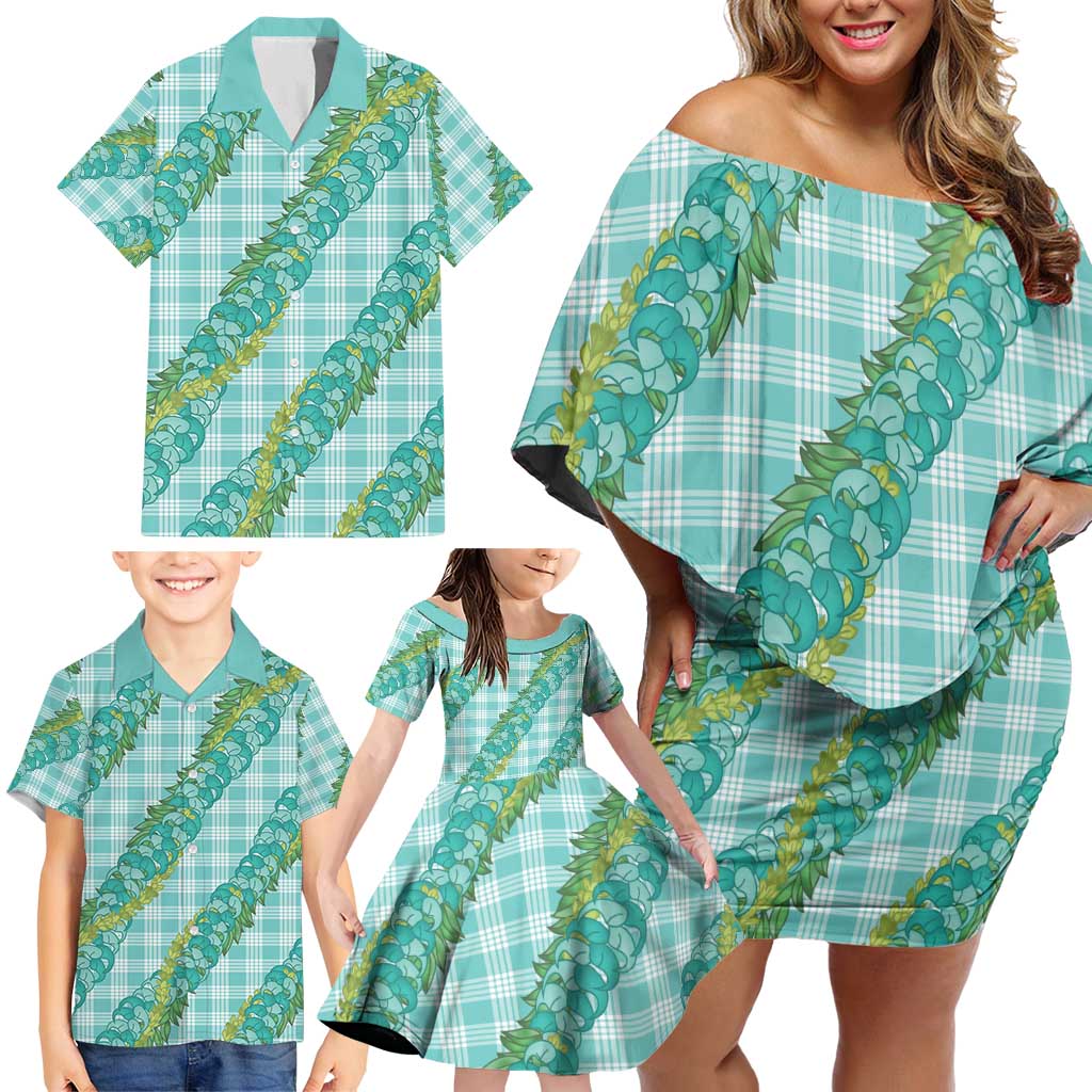 Hawaii Jade Vine Lei Family Matching Off Shoulder Short Dress and Hawaiian Shirt Aloha Palaka Motif - Turquoise - Polynesian Pride