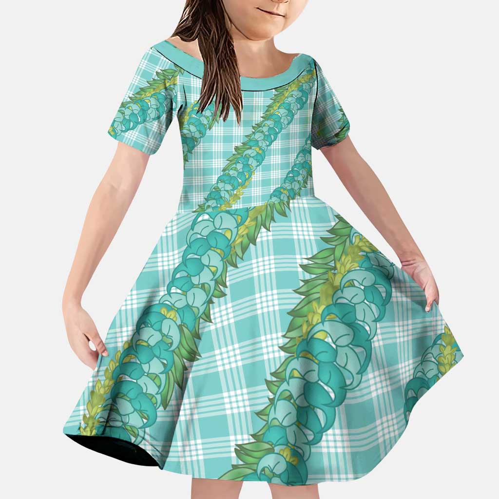 Hawaii Jade Vine Lei Family Matching Puletasi and Hawaiian Shirt Aloha Palaka Motif - Turquoise LT14 Daughter's Dress Turquoise - Polynesian Pride
