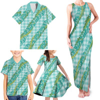 Hawaii Jade Vine Lei Family Matching Tank Maxi Dress and Hawaiian Shirt Aloha Palaka Motif - Turquoise - Polynesian Pride