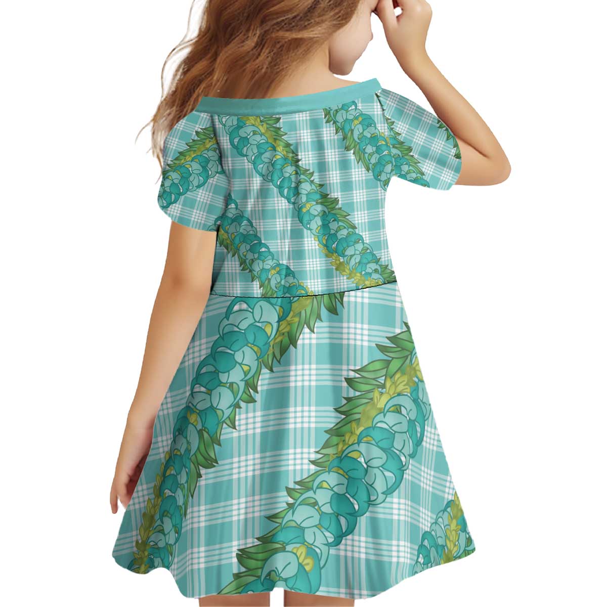 Hawaii Jade Vine Lei Kid Short Sleeve Dress Aloha Palaka Motif - Turquoise - Polynesian Pride