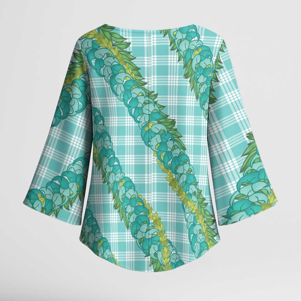 Hawaii Jade Vine Lei Kimono Sleeve Blouse Aloha Palaka Motif - Turquoise - Polynesian Pride