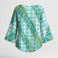 Hawaii Jade Vine Lei Kimono Sleeve Blouse Aloha Palaka Motif - Turquoise - Polynesian Pride
