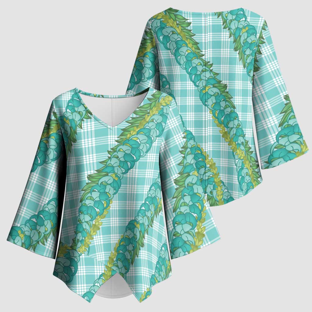 Hawaii Jade Vine Lei Kimono Sleeve Blouse Aloha Palaka Motif - Turquoise - Polynesian Pride