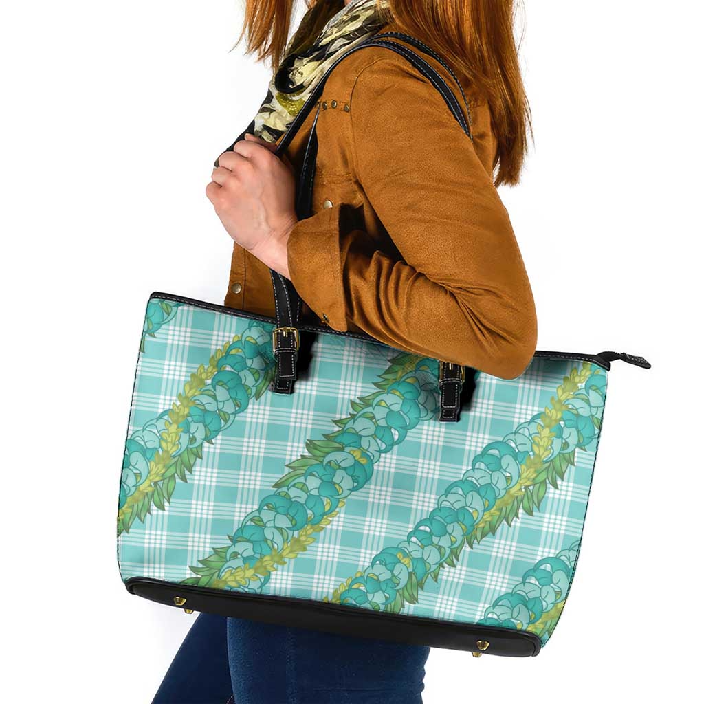 Hawaii Jade Vine Lei Leather Tote Bag Aloha Palaka Motif - Turquoise LT14 Turquoise - Polynesian Pride