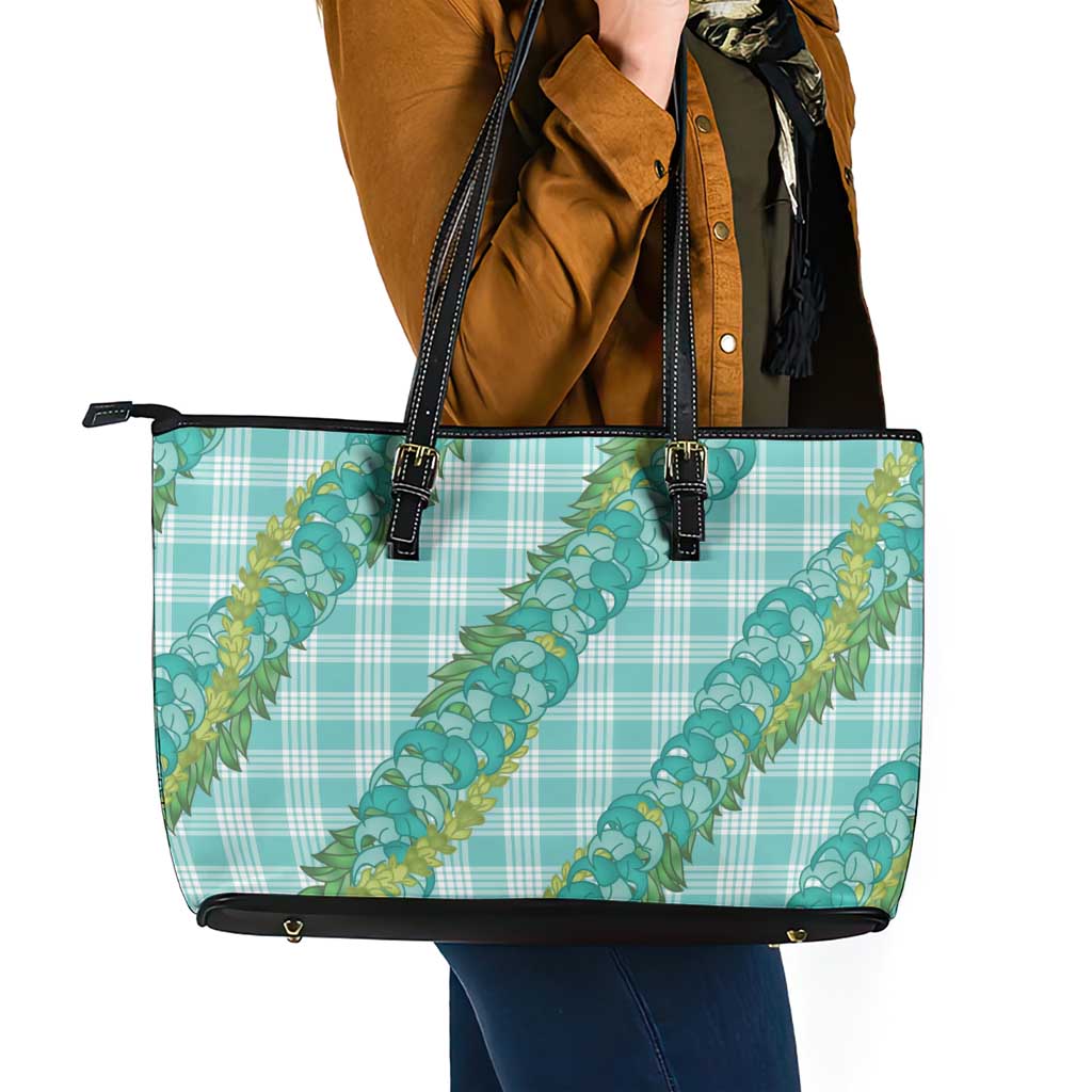 Hawaii Jade Vine Lei Leather Tote Bag Aloha Palaka Motif - Turquoise LT14 - Polynesian Pride