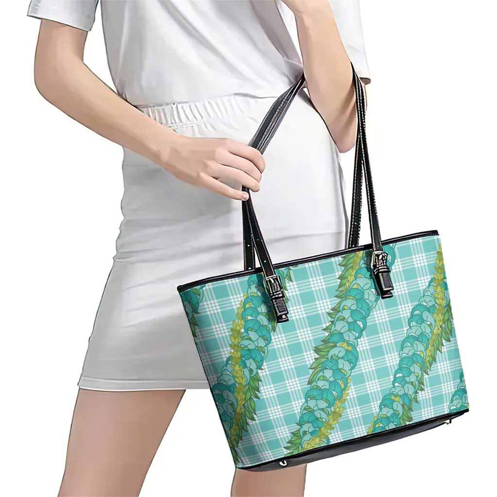 Hawaii Jade Vine Lei Leather Tote Bag Aloha Palaka Motif - Turquoise LT14 - Polynesian Pride