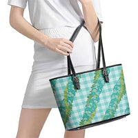Hawaii Jade Vine Lei Leather Tote Bag Aloha Palaka Motif - Turquoise LT14 - Polynesian Pride