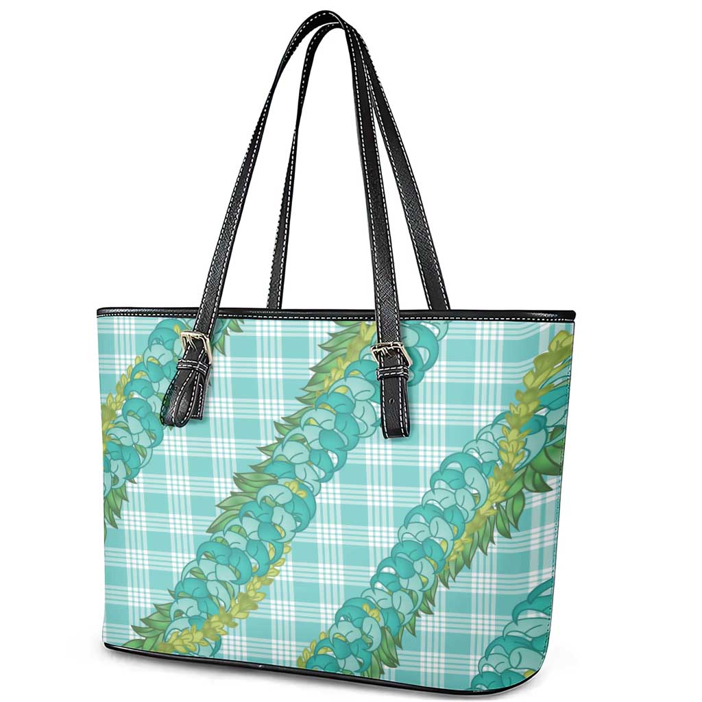 Hawaii Jade Vine Lei Leather Tote Bag Aloha Palaka Motif - Turquoise LT14 - Polynesian Pride