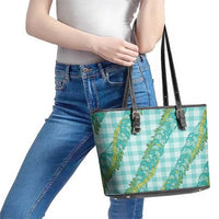 Hawaii Jade Vine Lei Leather Tote Bag Aloha Palaka Motif - Turquoise LT14 - Polynesian Pride