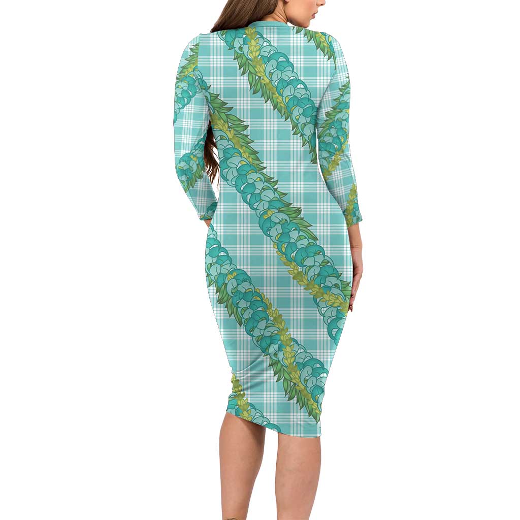 Hawaii Jade Vine Lei Long Sleeve Bodycon Dress Aloha Palaka Motif - Turquoise - Polynesian Pride