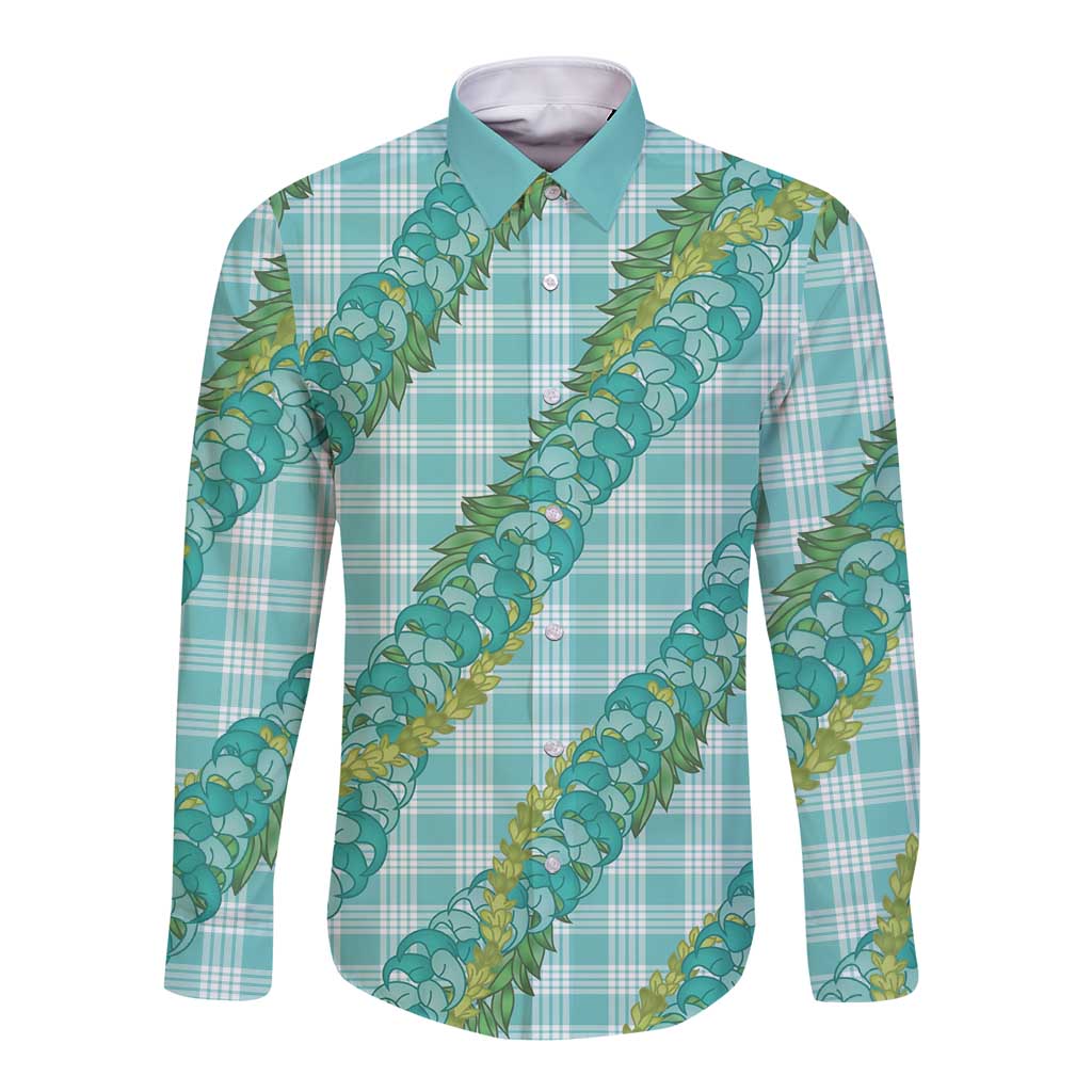 Hawaii Jade Vine Lei Long Sleeve Button Shirt Aloha Palaka Motif - Turquoise - Polynesian Pride