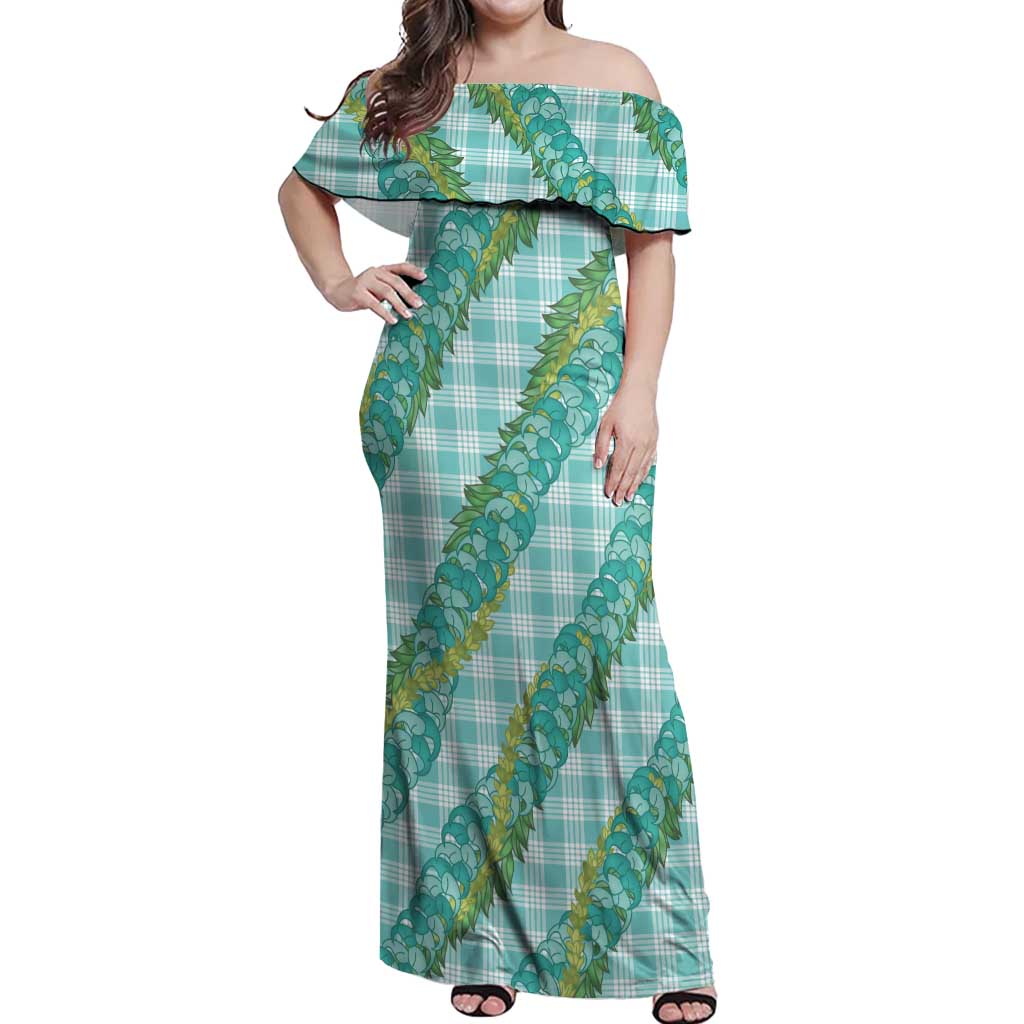 Hawaii Jade Vine Lei Off Shoulder Maxi Dress Aloha Palaka Motif - Turquoise - Polynesian Pride