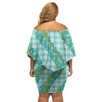 Hawaii Jade Vine Lei Off Shoulder Short Dress Aloha Palaka Motif - Turquoise - Polynesian Pride