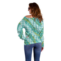 Hawaii Jade Vine Lei Off Shoulder Sweater Aloha Palaka Motif - Turquoise - Polynesian Pride