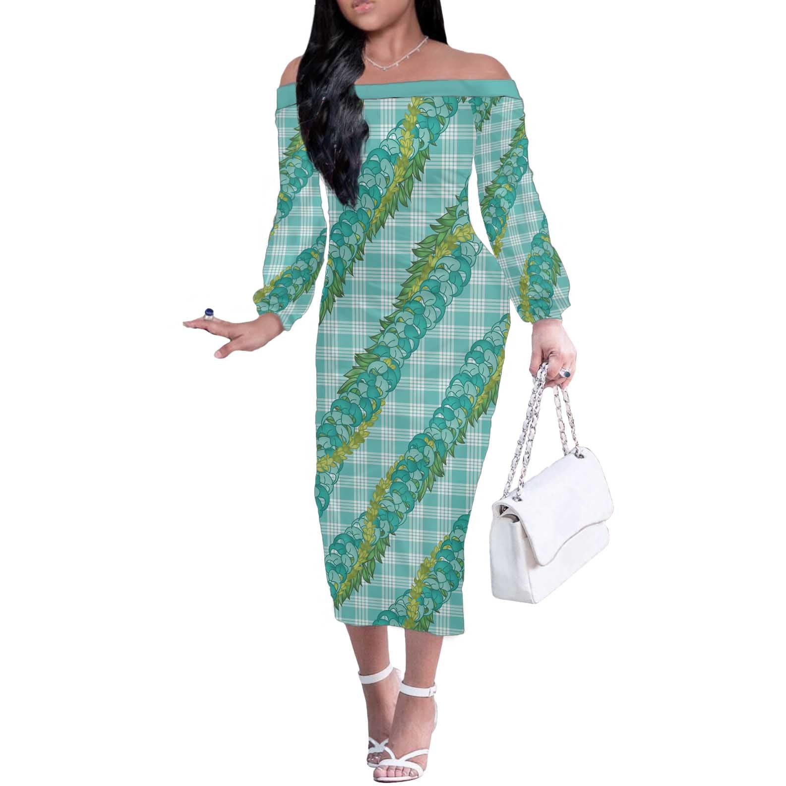 Hawaii Jade Vine Lei Off The Shoulder Long Sleeve Dress Aloha Palaka Motif - Turquoise - Polynesian Pride
