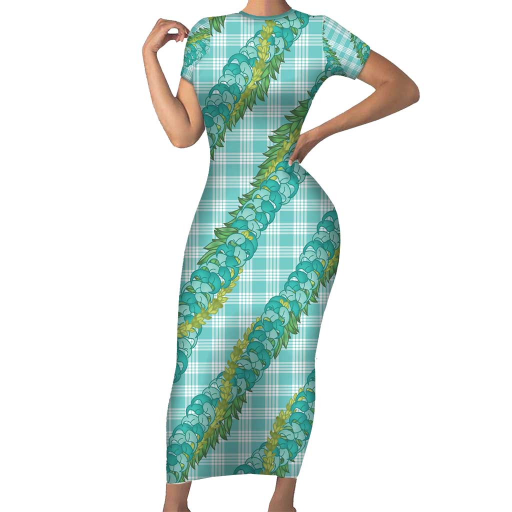 Hawaii Jade Vine Lei Short Sleeve Bodycon Dress Aloha Palaka Motif - Turquoise