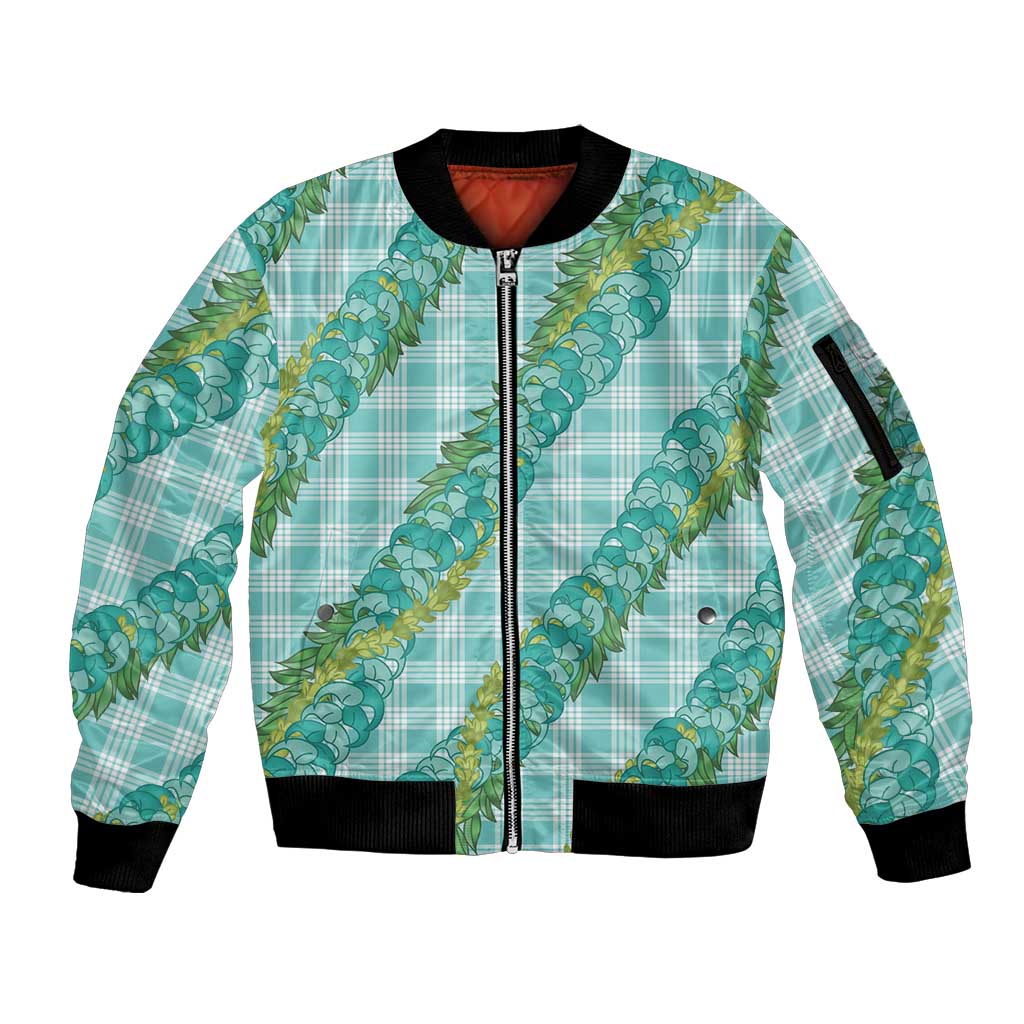 Hawaii Jade Vine Lei Sleeve Zip Bomber Jacket Aloha Palaka Motif - Turquoise - Polynesian Pride