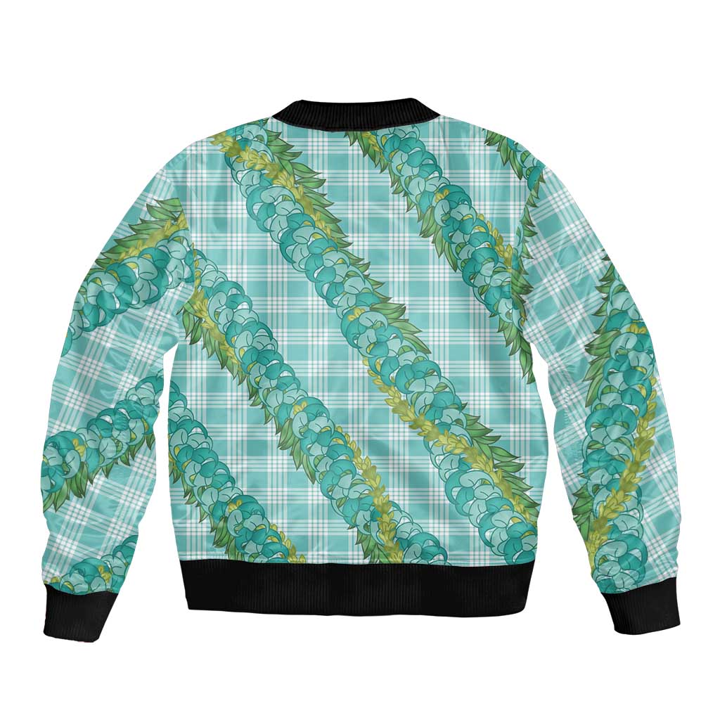 Hawaii Jade Vine Lei Sleeve Zip Bomber Jacket Aloha Palaka Motif - Turquoise - Polynesian Pride