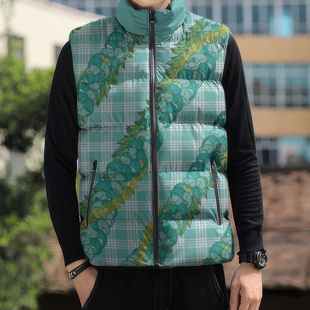 Hawaii Jade Vine Lei Sleeveless Puffer Jacket Aloha Palaka Motif - Turquoise - Polynesian Pride