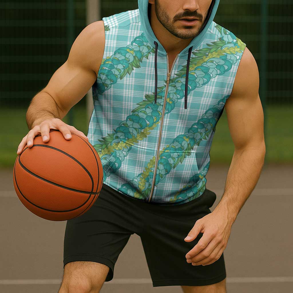 Hawaii Jade Vine Lei Sleeveless Zip Hoodie Aloha Palaka Motif - Turquoise - Polynesian Pride