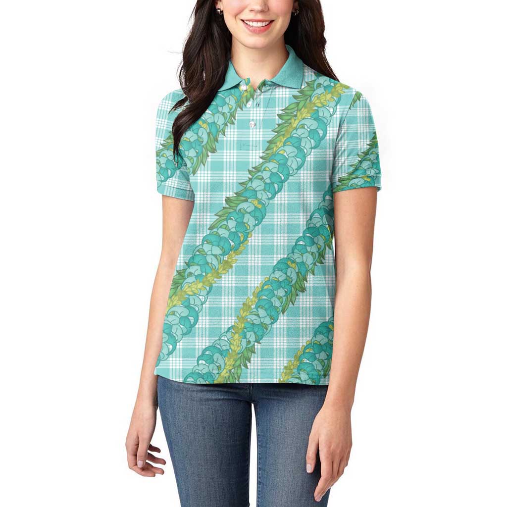 Hawaii Jade Vine Lei Women Polo Shirt Aloha Palaka Motif - Turquoise - Polynesian Pride