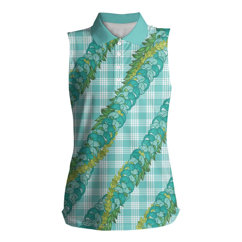 Hawaii Jade Vine Lei Women Sleeveless Polo Shirt Aloha Palaka Motif - Turquoise - Polynesian Pride