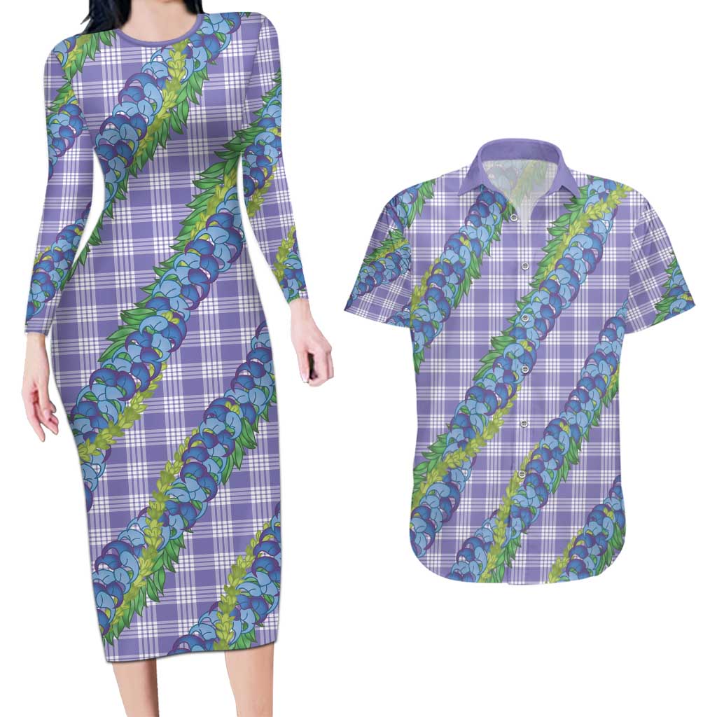 Hawaii Jade Vine Lei Couples Matching Long Sleeve Bodycon Dress and Hawaiian Shirt Aloha Palaka Motif - Purple - Polynesian Pride
