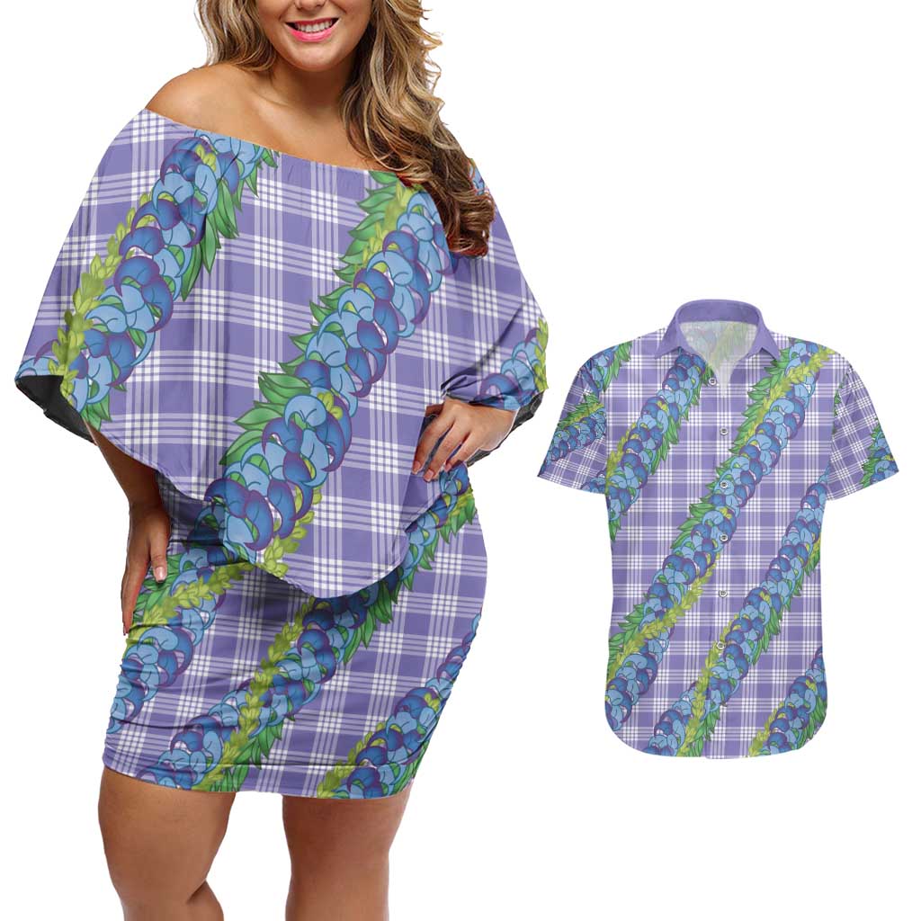 Hawaii Jade Vine Lei Couples Matching Off Shoulder Short Dress and Hawaiian Shirt Aloha Palaka Motif - Purple - Polynesian Pride