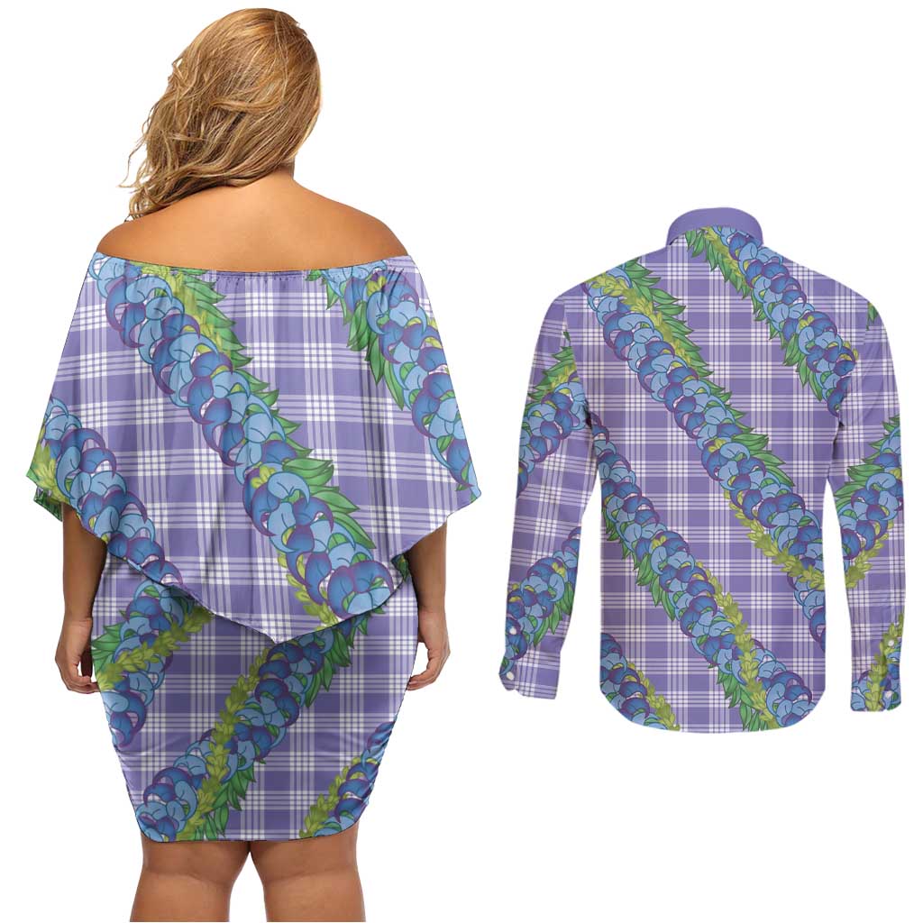 Hawaii Jade Vine Lei Couples Matching Off Shoulder Short Dress and Long Sleeve Button Shirt Aloha Palaka Motif - Purple - Polynesian Pride