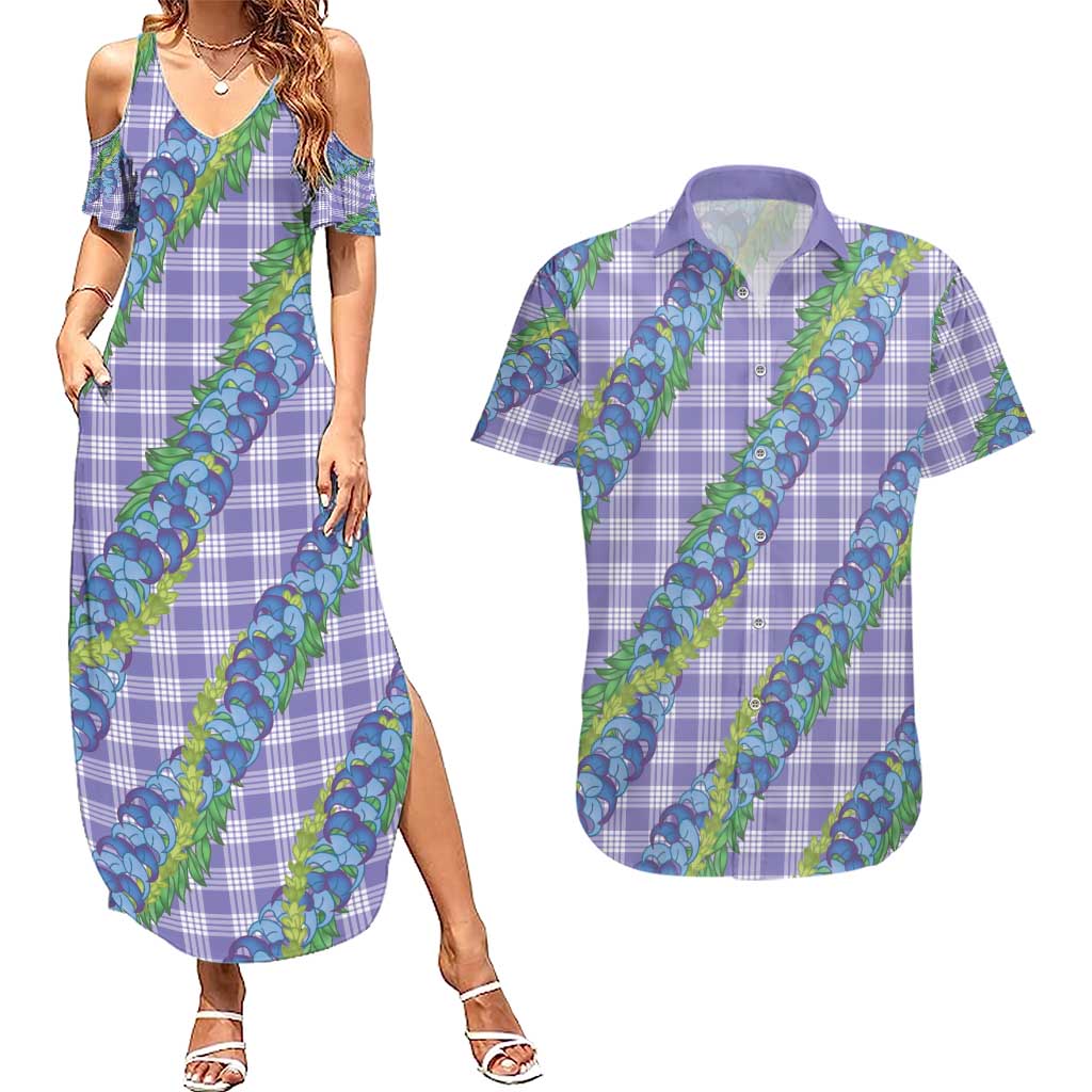 Hawaii Jade Vine Lei Couples Matching Summer Maxi Dress and Hawaiian Shirt Aloha Palaka Motif - Purple - Polynesian Pride