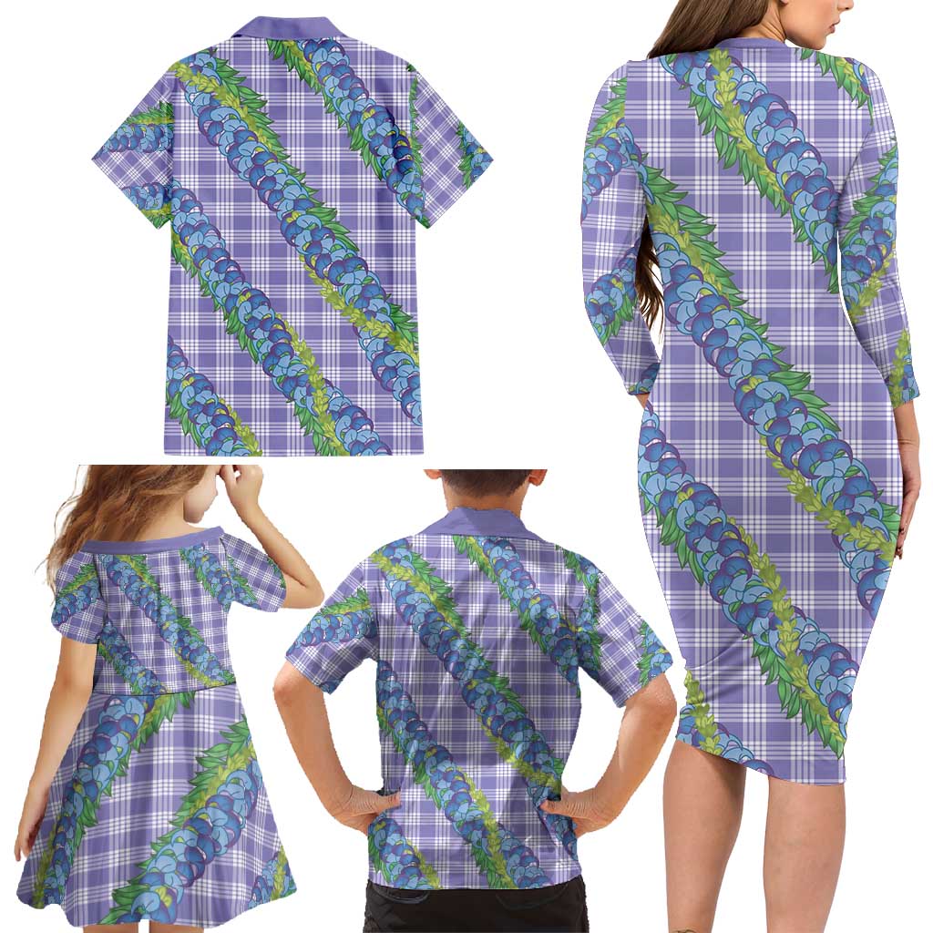 Hawaii Jade Vine Lei Family Matching Long Sleeve Bodycon Dress and Hawaiian Shirt Aloha Palaka Motif - Purple - Polynesian Pride