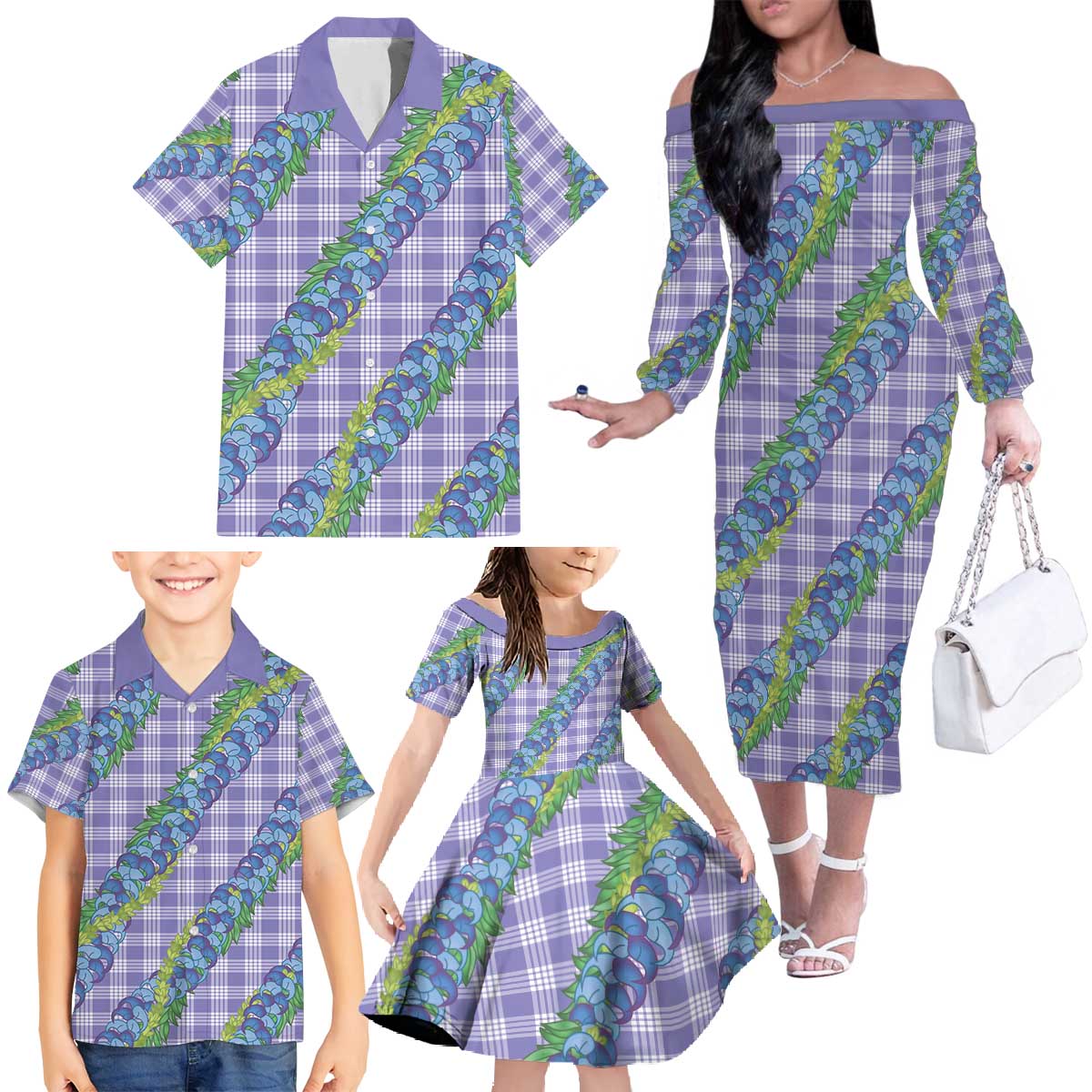 Hawaii Jade Vine Lei Family Matching Off The Shoulder Long Sleeve Dress and Hawaiian Shirt Aloha Palaka Motif - Purple - Polynesian Pride