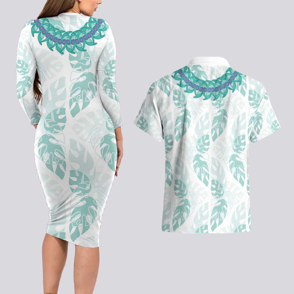 Jade Vine Lei Hawaii Couples Matching Long Sleeve Bodycon Dress and Hawaiian Shirt Aloha Seamless Tropical Leaves - Polynesian Pride