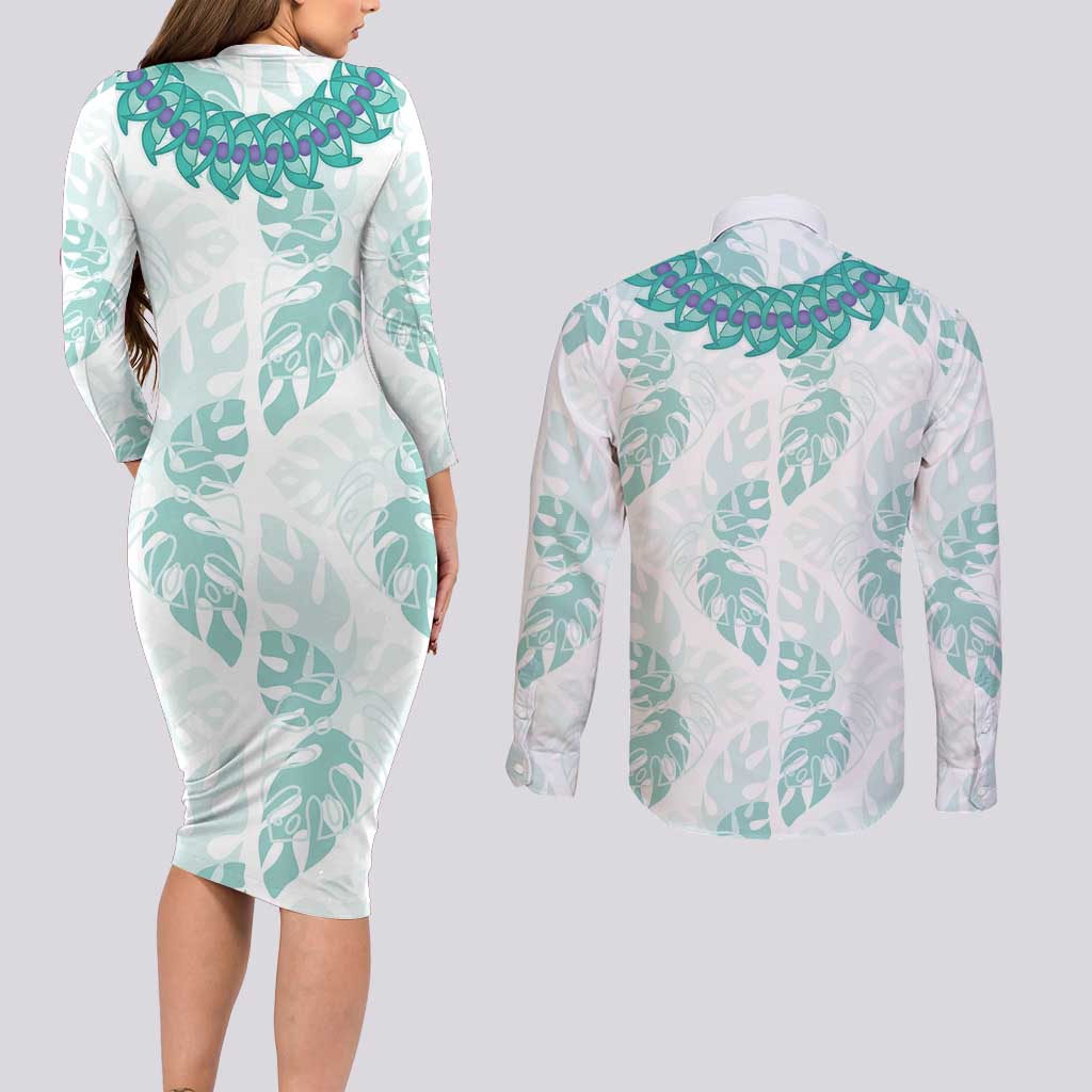 Jade Vine Lei Hawaii Couples Matching Long Sleeve Bodycon Dress and Long Sleeve Button Shirt Aloha Seamless Tropical Leaves - Polynesian Pride