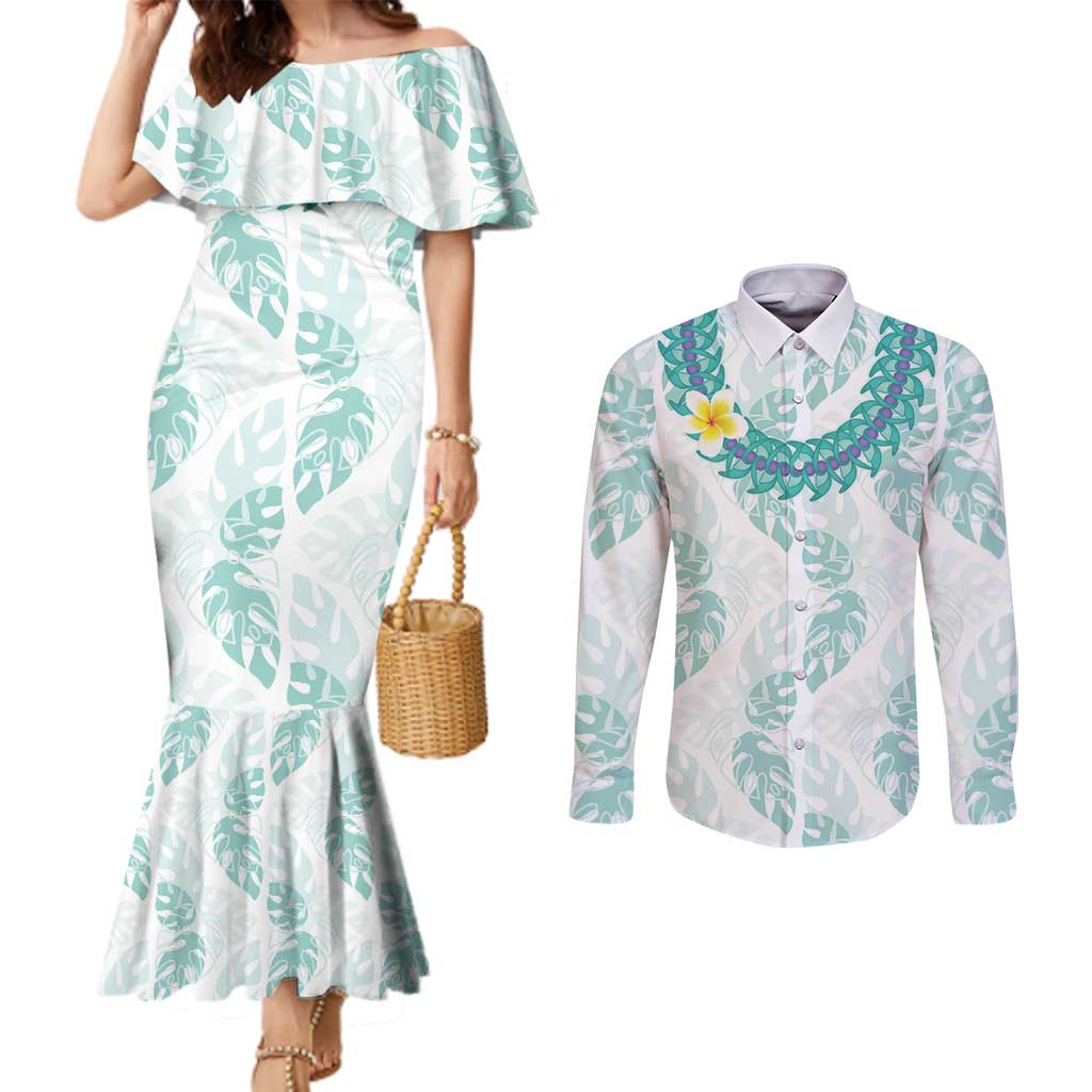 Jade Vine Lei Hawaii Couples Matching Mermaid Dress and Long Sleeve Button Shirt Aloha Seamless Tropical Leaves - Polynesian Pride