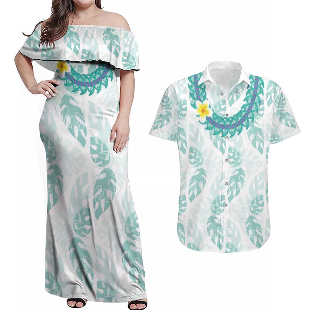 Jade Vine Lei Hawaii Couples Matching Off Shoulder Maxi Dress and Hawaiian Shirt Aloha Seamless Tropical Leaves - Polynesian Pride