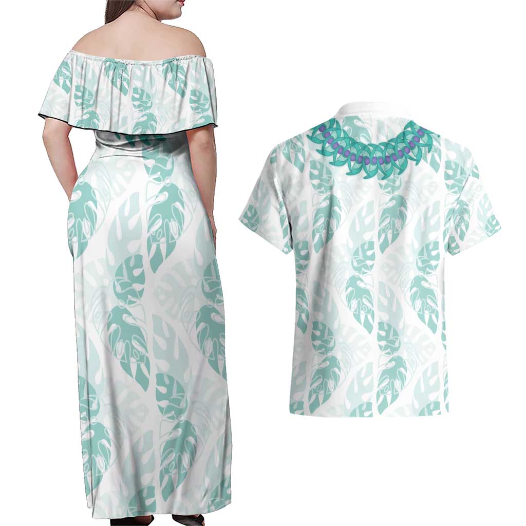 Jade Vine Lei Hawaii Couples Matching Off Shoulder Maxi Dress and Hawaiian Shirt Aloha Seamless Tropical Leaves - Polynesian Pride