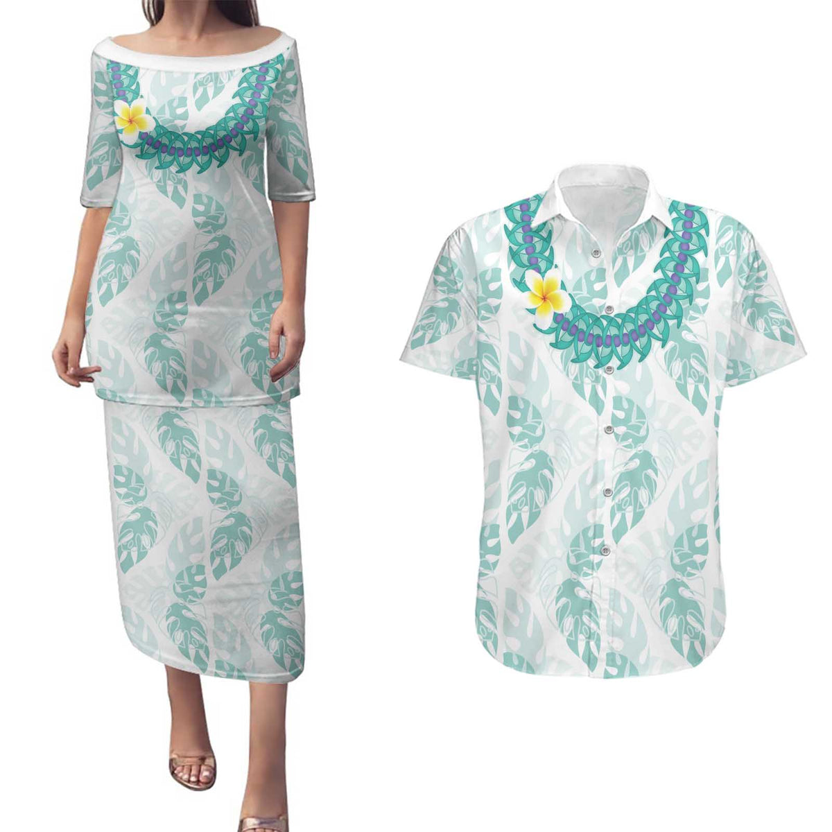 Jade Vine Lei Hawaii Couples Matching Puletasi and Hawaiian Shirt Aloha Seamless Tropical Leaves LT14 White - Polynesian Pride