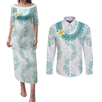 Jade Vine Lei Hawaii Couples Matching Puletasi and Long Sleeve Button Shirt Aloha Seamless Tropical Leaves - Polynesian Pride