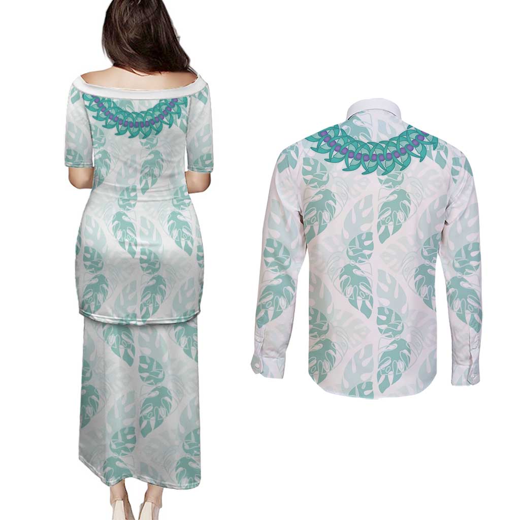 Jade Vine Lei Hawaii Couples Matching Puletasi and Long Sleeve Button Shirt Aloha Seamless Tropical Leaves - Polynesian Pride