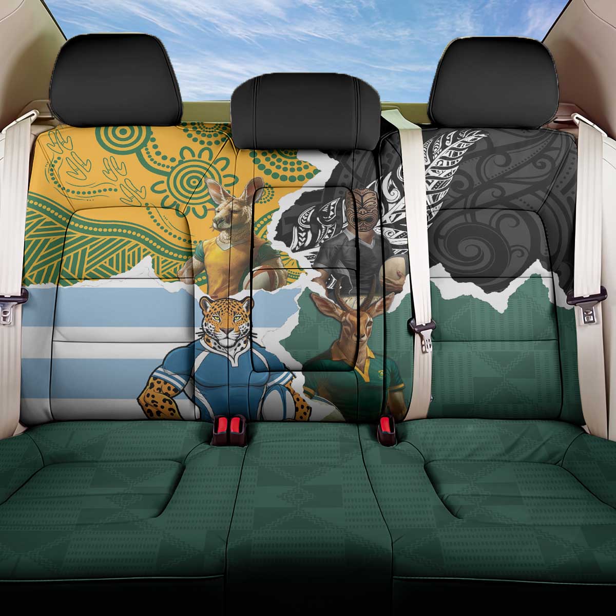 Rugby 2025 Championship Back Car Seat Cover Southern Hemisphere Countries Mascots LT14 One Size Black - Polynesian Pride